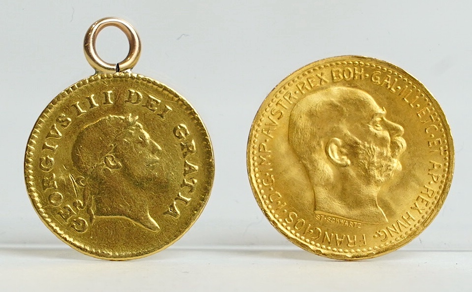 Gold coins, Austria 10 Corona, 1912 (re-strike), EF, and a George III third guinea 1808, later suspension loop, otherwise fine